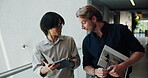 Conversation, notebook and walking with business men in office corridor for feedback or update. Collaboration, review and question with employee people in workplace hallway for project management