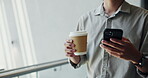 Coffee cup, walking or hands with phone in hallway, reading budget proposal or annual spending report. Info, mobile or financial advisor check email at workplace, money distribution plan or person