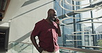 Black man, talking and business conversation with phone call for company proposal, advice or ideas. Male person, employee or discussion with smile on mobile smartphone for friendly chat in workplace