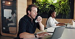Business, man and sneezing with laptop in hybrid office for allergies, flu disease and illness. Sick, male person and coworking with blowing nose, sinus problem and symptoms of influenza infection