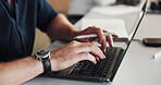 Man, hands and typing in office with laptop for graphic design proposal, project and email feedback. Creative, person and digital designer in workplace with computer for report, planning or research.