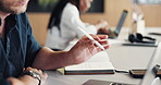 Hand, laptop and pen with business man in workplace for agenda, calendar or to do list notes. Computer, planning and thinking with employee at desk in coworking office for development or research