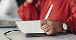 Woman, hands and writing in office with journal for marketing campaign project, agenda or reminder. Creative, person and coworking with diary for planning, advertising schedule or task priority note.
