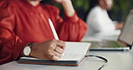 Woman, hands and writing in office with diary for marketing campaign schedule, reminder or laptop. Creative, person or coworking with computer for planner note, advertising calendar or task priority.
