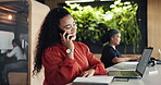 Business, woman and phone call with laptop in hybrid office to interview source for article. Person, coworking and mobile discussion contact editor, submission approval and schedule for publication