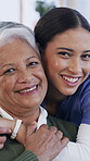 Face, caregiver and old woman in nursing home with hug for trust, wellness or healthcare assistance. Happy, nurse and elderly person in retirement center with embrace for comfort, support or bonding.