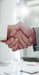 Office, employee and shaking hands with client, meeting and agreement for merger, corporate and deal. People, handshake and unity for business development, collaboration and success for partnership