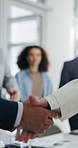 Applause, handshake and hands of business people in office for promotion, onboarding and success. Professional, corporate and workers celebrate for achievement, teamwork or congratulations in meeting