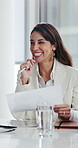 Employee, laugh and woman with paperwork, meeting and listening to good news and strategy in office. Happy, mature person and discussion with documents, collaboration and planning for investment