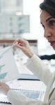 Talking, woman and paperwork with graphs, boardroom and  risk assessment with info or collaboration. Business, data analyst and mature person with documents for financial performance or budget review