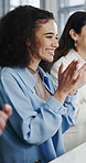 Happy, business people or meeting with applause for presentation, seminar or speech in office. Excited, group or clapping with smile or success for staff training conference or thank you in boardroom