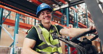 Face, forklift and logistics with man in warehouse for delivery, distribution or shipping. Smile, supply chain and quality control with happy person in vehicle depot for inventory or stock management
