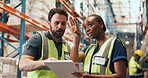 People, clipboard and warehouse with inventory checklist for stock control or storage inspection. Man, woman or distributor with order list for shipping service, supply chain or logistics in depot