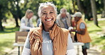 NGO volunteer, face and old woman outdoor for charity activism, outreach project and about us. Retirement organization, senior people and happy at park for social responsibility and community service