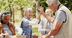 Volunteer, smile and people with high five, outdoor and community service with achievement. Group, donation and applause with social responsibility, success or charity project  with celebration