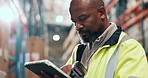 Shipping, tablet and black man in warehouse with barcode scanner for stock, inventory or check cargo. Technology, distribution and mature person with storage update, logistics reader and flare