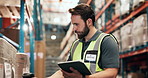 Shipping, tablet and man in warehouse with barcode reader for stock, inventory or check cargo. Technology, distribution worker and person with scanner for storage update, logistics records and flare