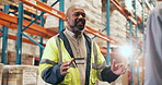Businessman, distributor or discussion with supply chain for warehouse logistics or stock control. Man, employee or supplier talking with colleague for inventory, distribution or storage in depot