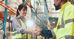 Happy people, logistics and supply chain with handshake in warehouse for distribution service. Woman, man or distributor shaking hands with smile for partnership, stock control or storage maintenance
