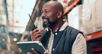 Supply chain, man and radio in warehouse with tablet for shipping, logistics update or communication. Mature black person, tech and talk in factory with contact for export, dispatch plan or feedback.
