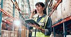 Supply chain, woman and tablet in factory with phone call for shipping discussion, logistics or advice. Flare, low angle or mature person talk in warehouse with tech for contact, dispatch and export.