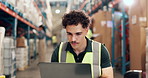 Logistics, reading or man with laptop in warehouse, stock shipping or check schedule for package export. Freight timeline, tech or worker planning for shipment storage, transport or delivery agenda