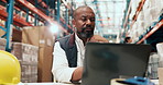 Logistics, reading or man with laptop in storage warehouse, stock shipping or schedule for package export. Freight timeline, tech or worker plan for inventory management, transport or delivery agenda
