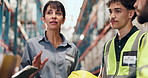 Safety inspection, technology and logistics employees in warehouse for industrial training. Tablet, meeting and team of supply chain workers with manager for helmet compliance review in factory.