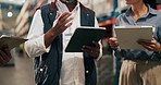 Hands, warehouse team and planning for logistics schedule, checklist and delegation with tablet. Tech, distribution and meeting with people for discussion, inventory management or supply chain update