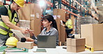 Man, manager and clipboard for logistics in warehouse for signature, approval and inventory. People, team and laptop with stock checklist, delivery agreement and compliance report for distribution
