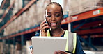 Logistics, tablet and woman with phone call in warehouse for delivery update, route enquiry or export. Shipping, black person and contact supplier with tech to confirm cargo schedule or order status