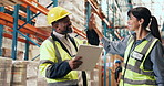 Clipboard, collaboration and high five with people in logistics warehouse for success or support. Agenda, checklist and schedule with supply chain team in factory for celebration, goals or motivation
