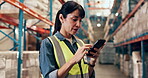 Logistics, scroll and woman with smartphone, warehouse and checking stock delivery on web and flare. Factory, supervisor and person with mobile for distribution updates, inventory and supply chain