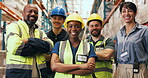 Arms crossed, face and smile of supply chain team in warehouse for shipping or stock distribution. Collaboration, confidence and logistics with happy employee group in factory for quality control