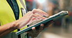 Shipping, tablet and hands with woman in warehouse for inventory manager, shelf and delivery report. Inspection supervisor, online checklist and logistics with person  in factory for freight storage
