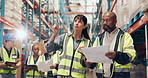 Supply chain, documents and people in warehouse, talking or logistics with storage quality control. Employees, men or women in factory, paperwork or report for inspection, export or shipping schedule
