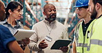 Group, warehouse manager and planning with tablet for supply chain, coordination or checklist. Team, logistics and people talking with tech in meeting with clipboard, distribution or safety briefing