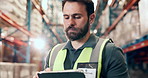 Logistics, online and man with tablet, warehouse and checking stock delivery on web, flare or typing. Factory, supervisor and person with tech for distribution updates, inventory and supply chain