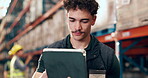 Shipping, tablet and reading with man in warehouse for inventory manager, research and delivery report. Inspection supervisor, online checklist and logistics with person in factory for schedule