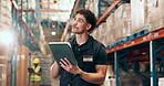 Shipping, tablet and thinking with man in warehouse for inventory manager, research and delivery report. Inspection supervisor, online checklist and logistics idea with person in factory for schedule