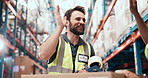 Man, high five and team with logistics at warehouse, boxes and happy with low angle for celebration. People, engineer and excited with goals, success or achievement with support for supply chain