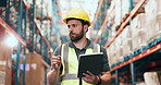 Tablet, inspection and man logistics employee in warehouse for online checklist for stock with delivery. Digital technology, communication and male supply chain manager with information for ecommerce