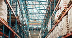 Empty, warehouse and shelf with stock, distribution and export of goods, low angle and supply chain. Factory, logistics and storage for cargo, freight and shipping of merchandise, depot or wholesale