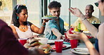 Eating, lunch or friends at table together for bonding, share meal or conversation for social gathering. Reunion, talk or happy people with party for connection, barbecue or support for relationship