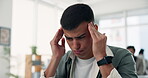 Doubt, migraine and headache with man in office for burnout, stress or deadline. Brain fog, pressure and pain with frustrated employee in creative agency for fail, mistake or fatigue for crisis