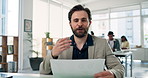 Face, business man or video call with document for finance assessment, portfolio review or advice. POV, financial advisor or virtual meeting in coworking office to explain savings plan or negotiation