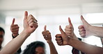Thumbs up, hands and business people in office for teamwork, feedback or reaction to good news. Professional, collaboration and group of employees with approval gesture for support, agreement or vote