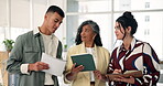 Creative, employees and people with tablet, office and plan for pr campaign, talk and collaboration. Publicists, teamwork and group with paperwork for project, info and research with tech in meeting