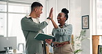 People, high five and smile in office with tablet for digital marketing goal, success and achievement. Happy team, talk and celebration with tech for online advertising, milestone and accomplishment.