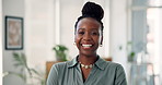 Happy, professional and face of black woman in office with confidence for finance career. Smile, corporate and portrait of African female financial manager with pride for job development in workplace